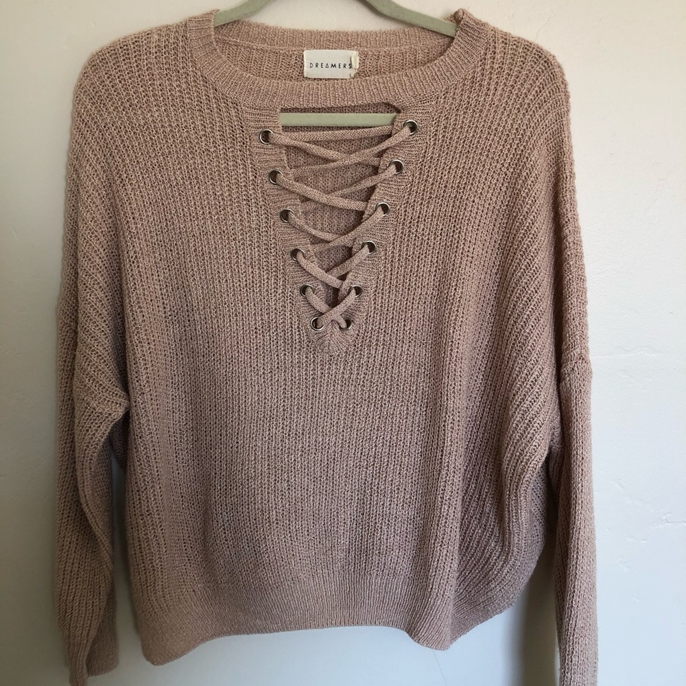 Dusty rose sweater with lace up down the middle